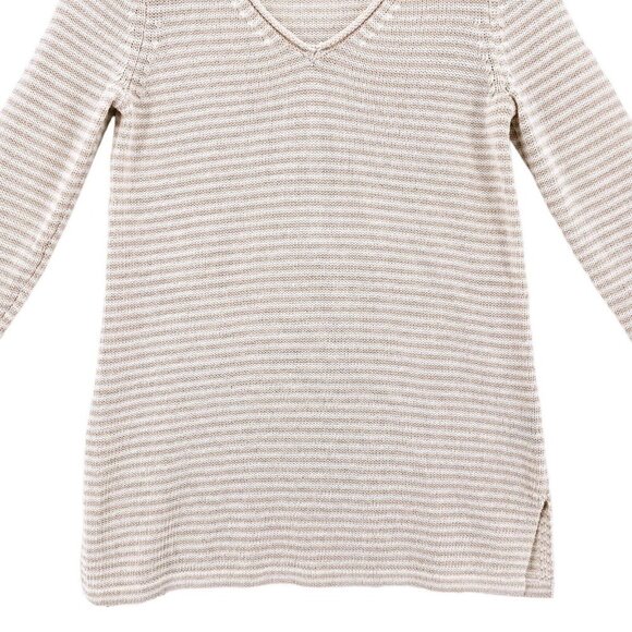 J McLaughlin Beige Cream Striped Knit Top Rolled V-Neck Pullover Sweater Size XS - Picture 2 of 6